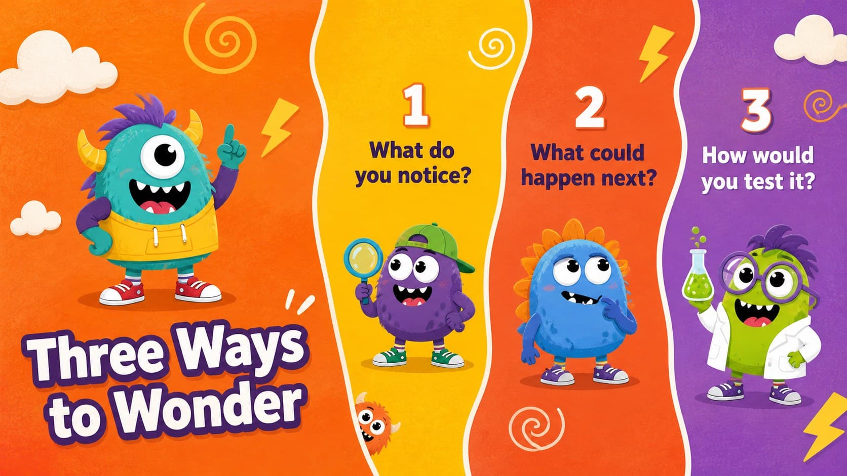 Kid friendly illustrated teaching deck slide with three colorful prompts for classroom discussion.