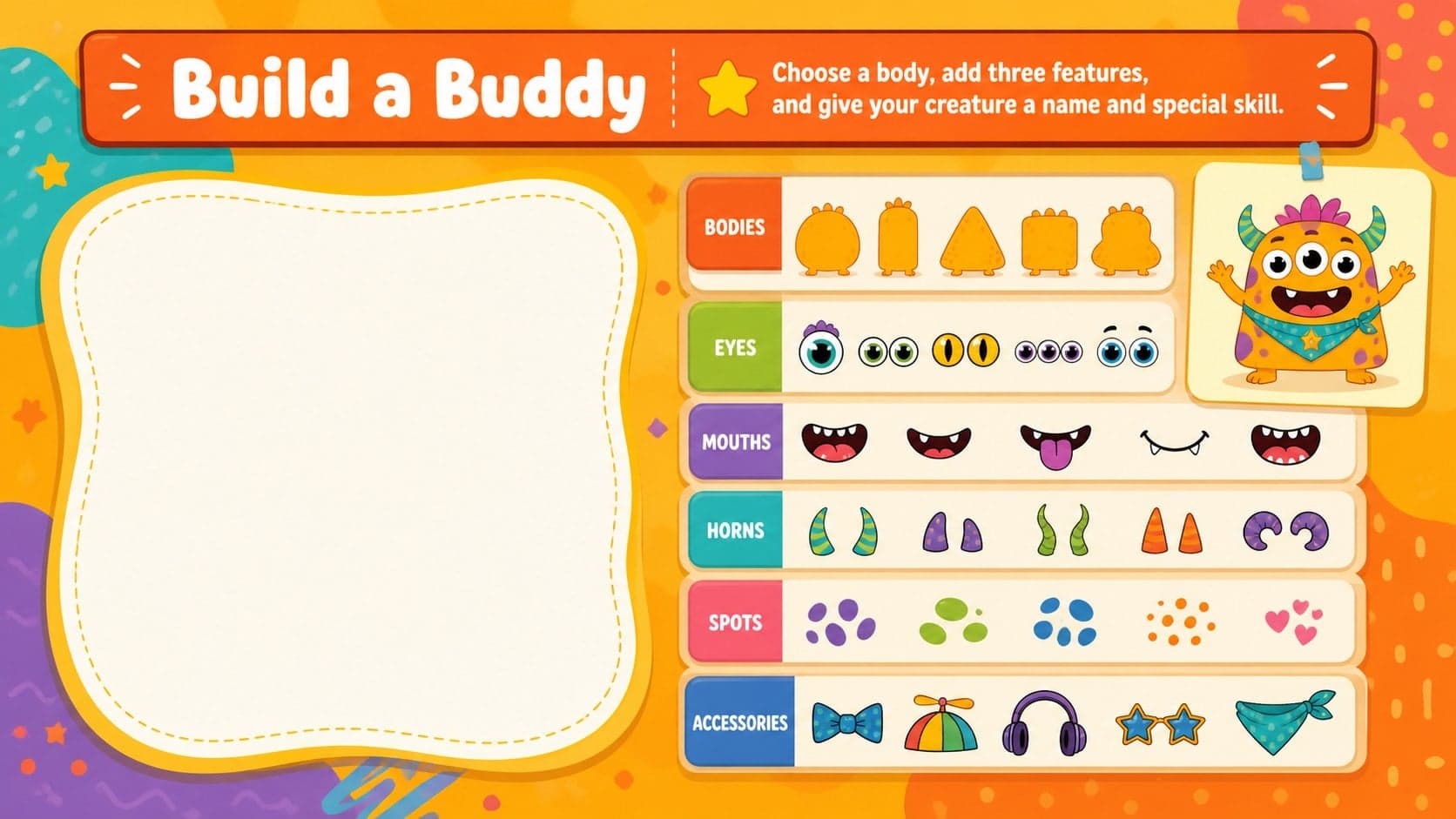 Build your own monster slides activity with original eyes, shapes, expressions, and accessories for children.