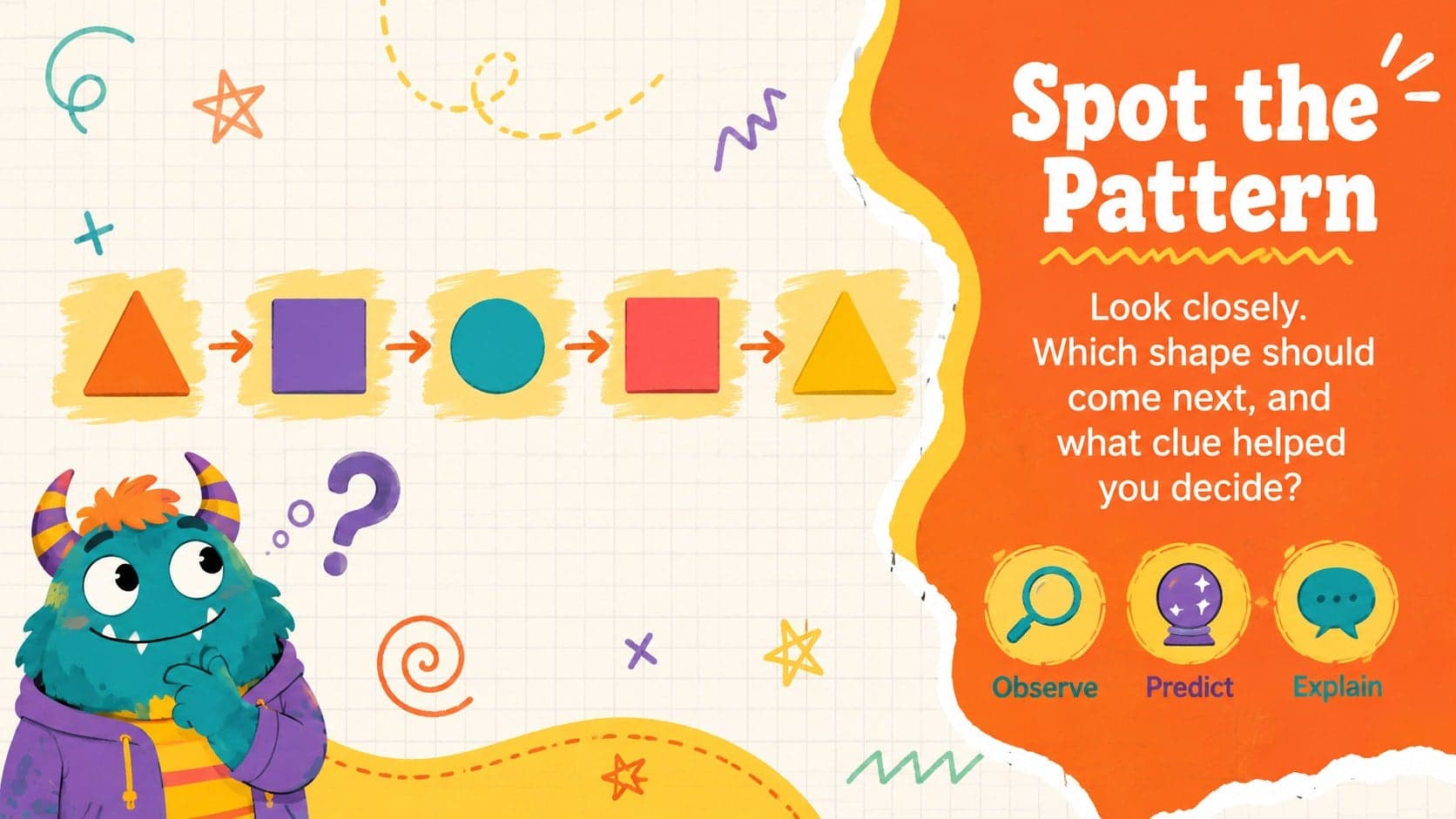 Colorful monster classroom deck layout presenting a simple visual pattern recognition exercise.