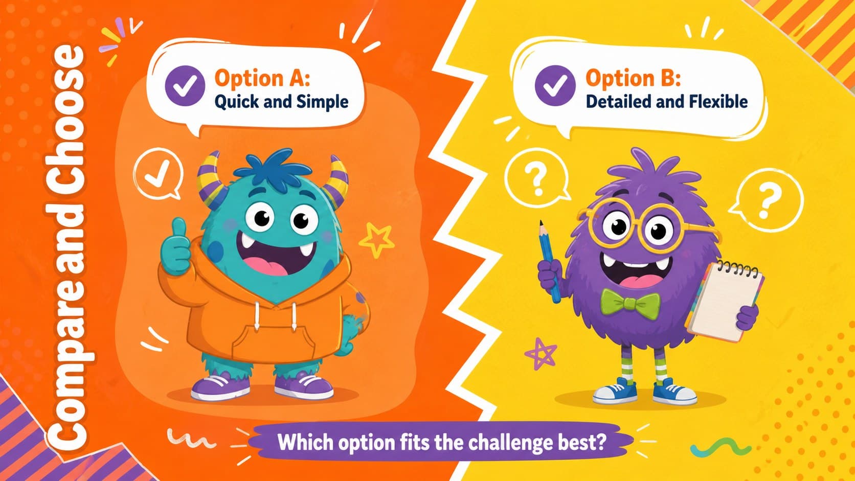 Orange and yellow classroom slide theme with a two-column compare-and-choose activity.