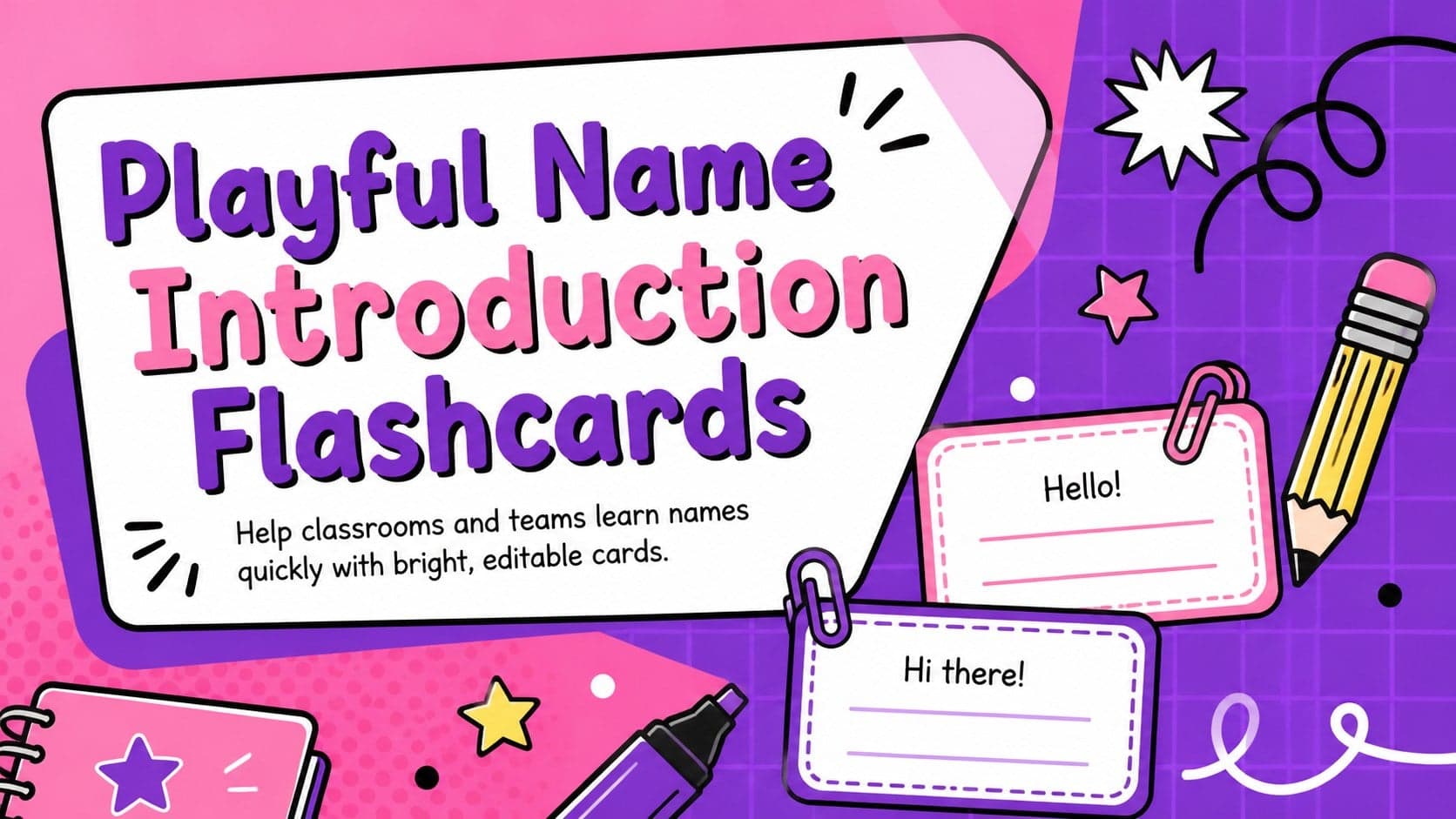 Cover for playful name introduction flashcards with colorful pink-and-purple lettering and original school-themed illustrations.