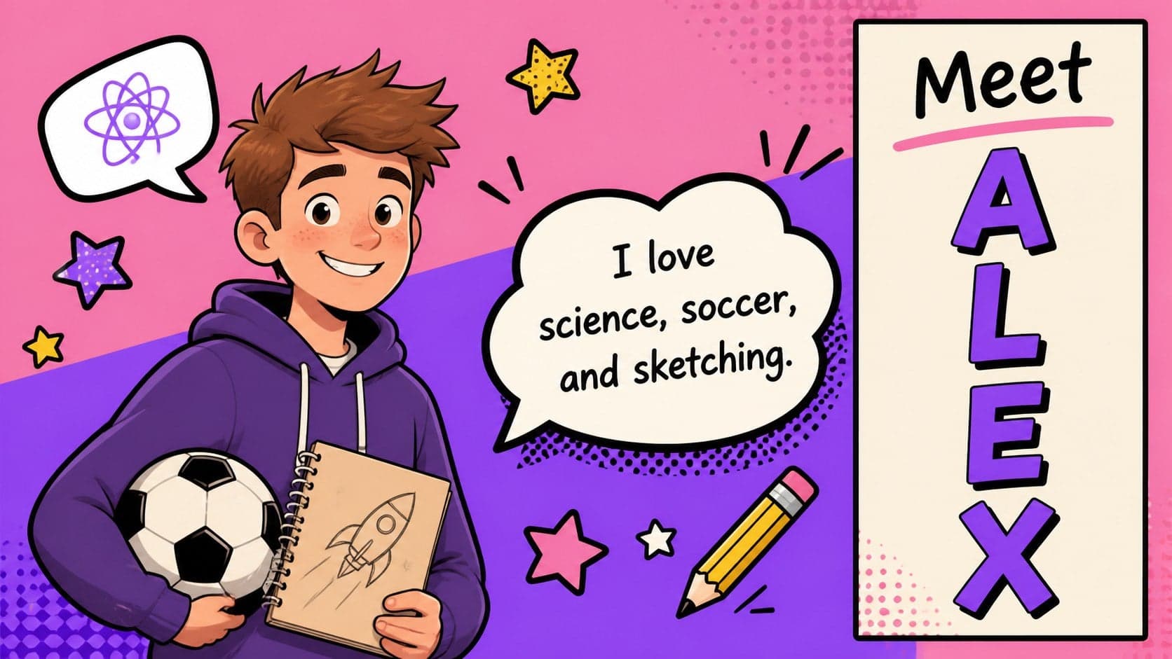 Illustrated classroom name card introducing Alex with hobbies and colorful pop-art decorations.