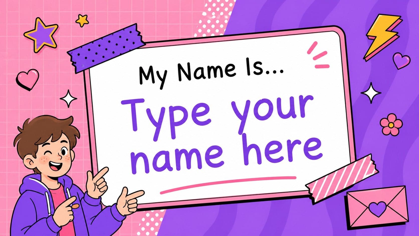 Editable classroom name card with a large blank name area and playful pink-and-purple shapes.