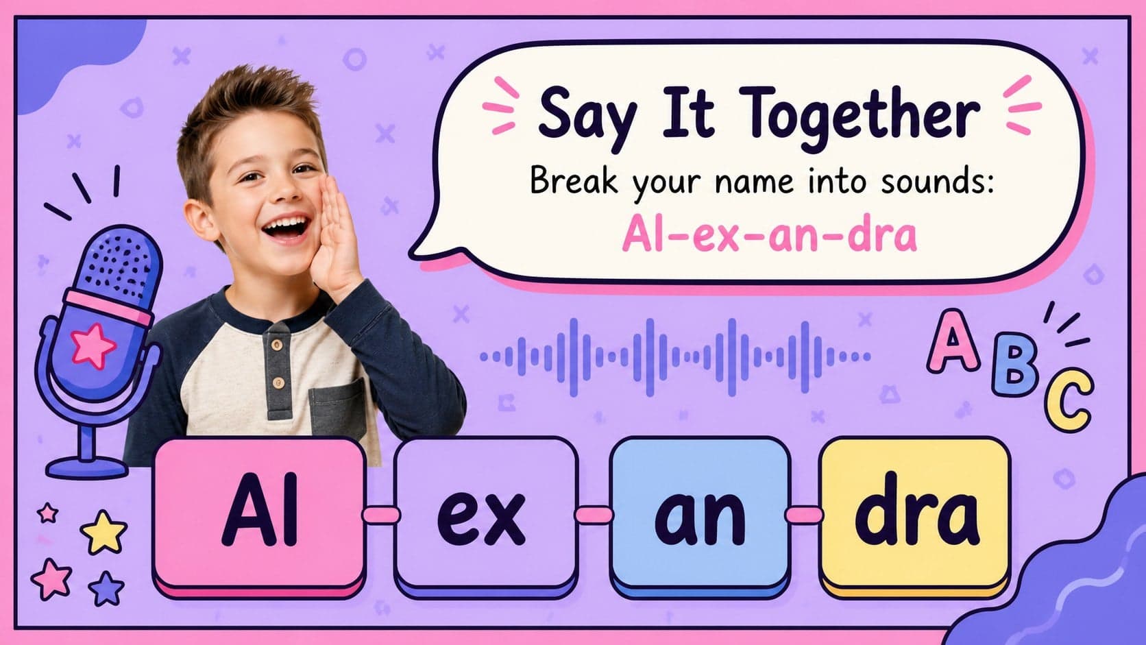 Name pronunciation flashcard with syllable boxes and a colorful illustrated speech bubble.