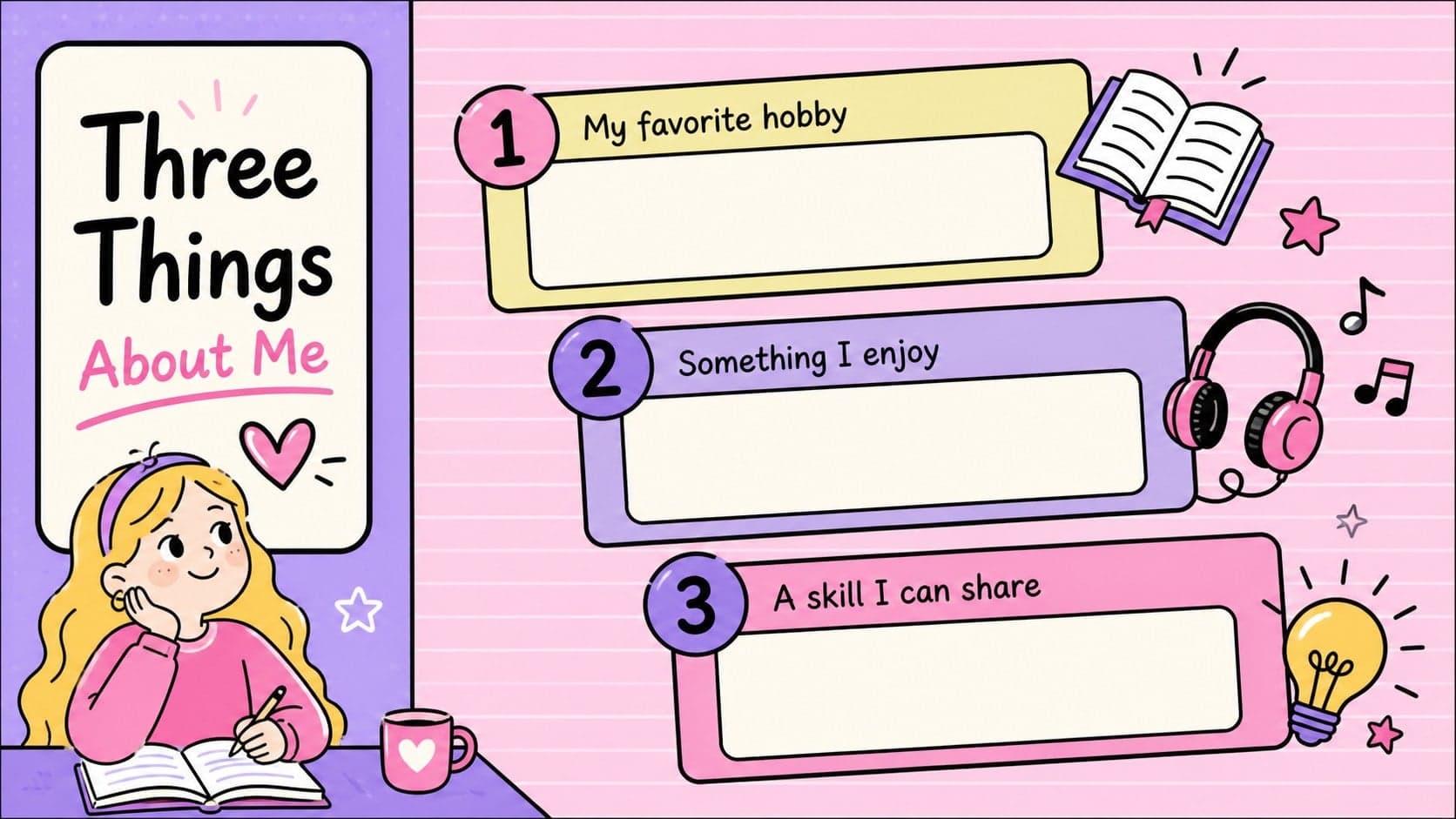 Get-to-know-you slide showing three illustrated fact panels for hobbies, favorites, and special skills.