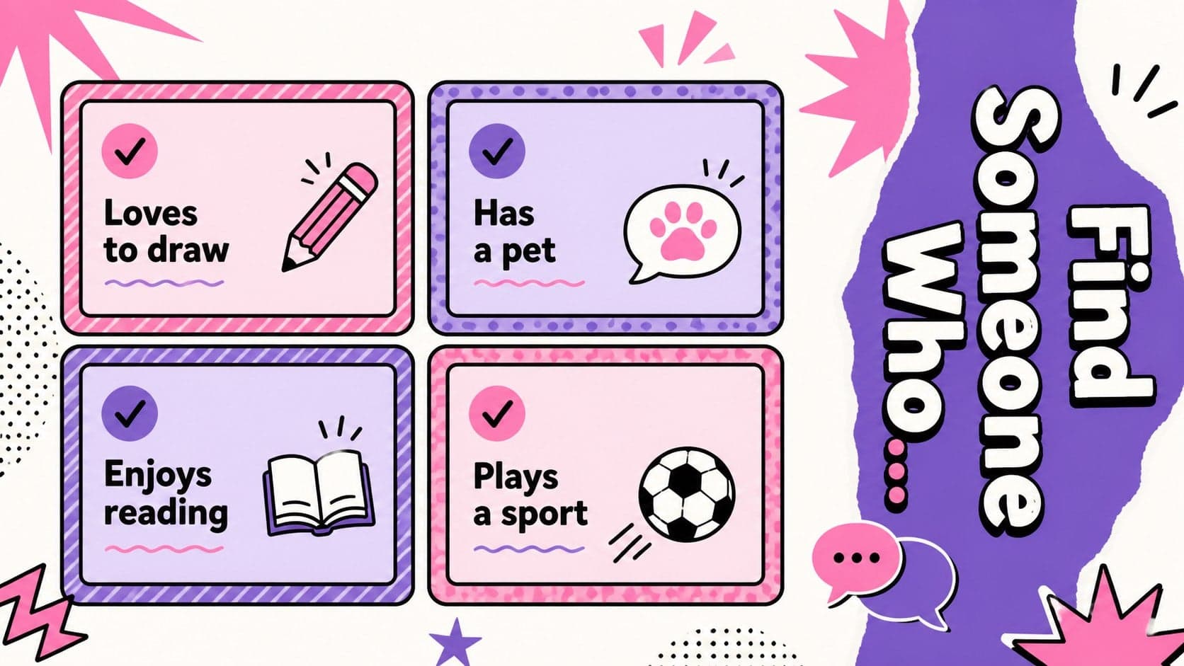 Find-someone-who classroom icebreaker with colorful prompt boxes and original character illustrations.