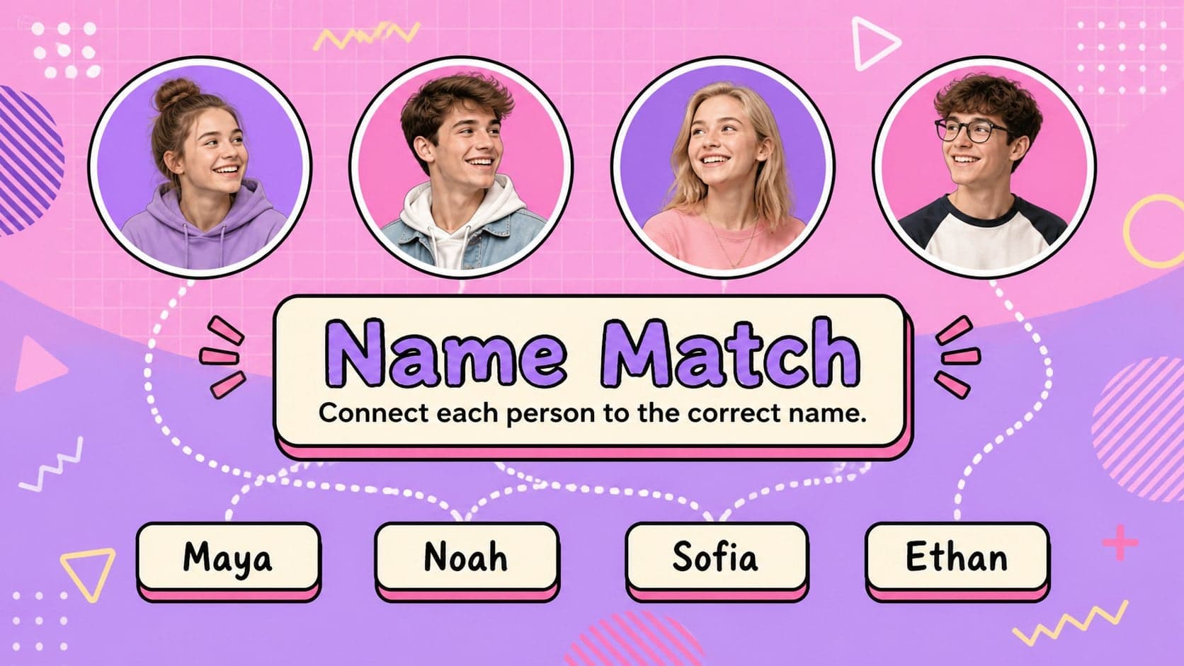 Name matching game slide pairing illustrated portraits with bright editable name labels.