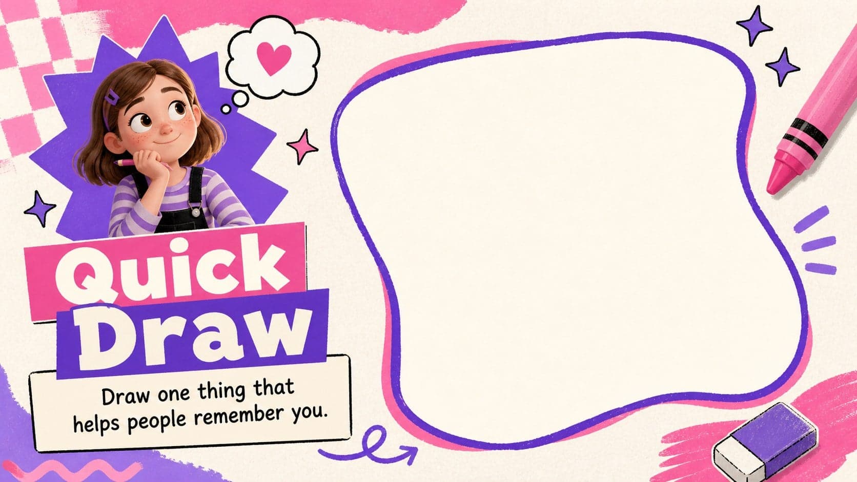 Quick drawing name activity with an empty sketch frame and vivid school-themed illustrations.