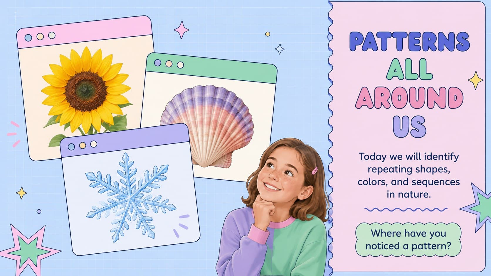 Colorful teacher presentation slide introducing a classroom lesson about patterns found in nature.
