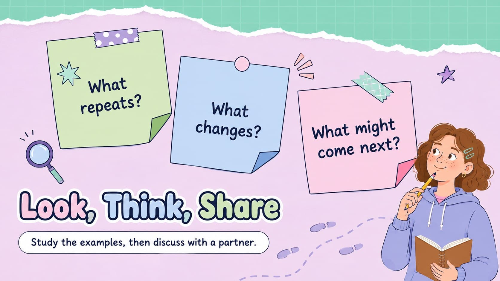 Pastel notebook presentation warm-up slide with three observation questions for students.