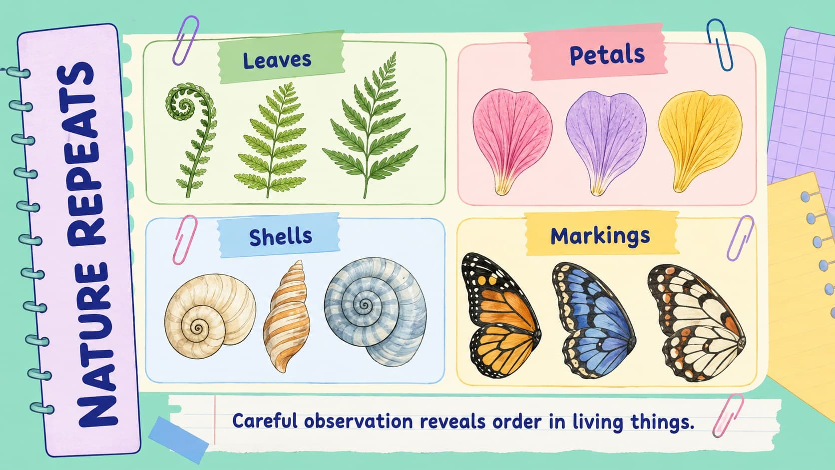 Illustrated classroom notes slide showing repeating patterns in leaves, petals, shells, and animal markings.
