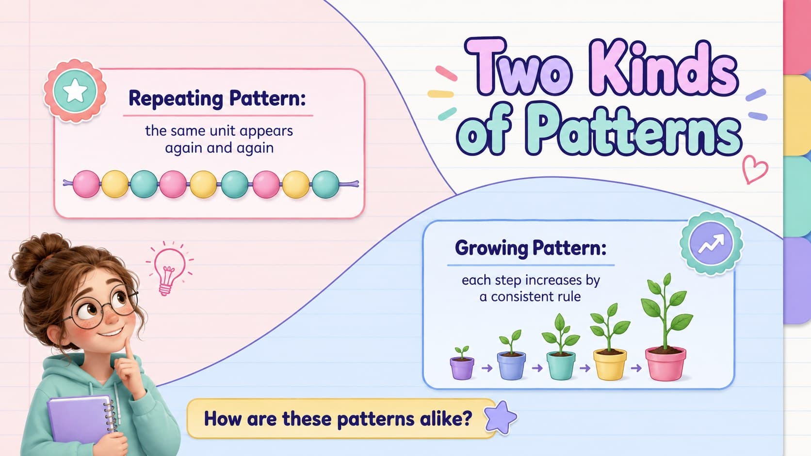 Cute geometric education slide deck page comparing repeating and growing patterns.
