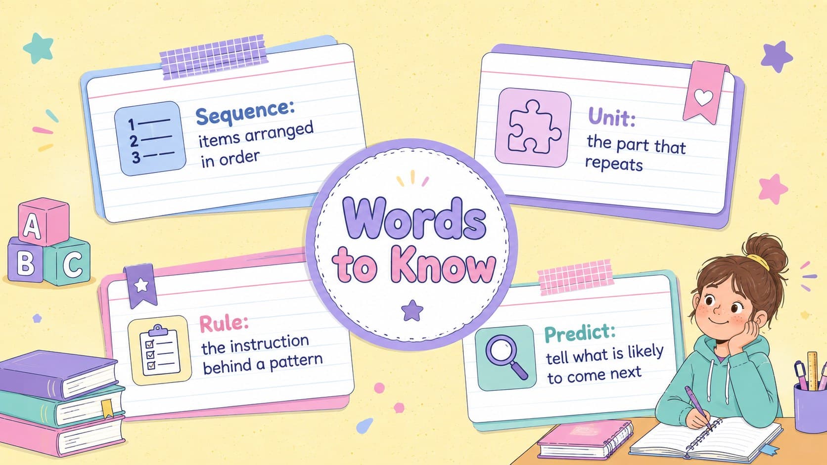 Editable student notes presentation slide featuring four key pattern vocabulary terms.