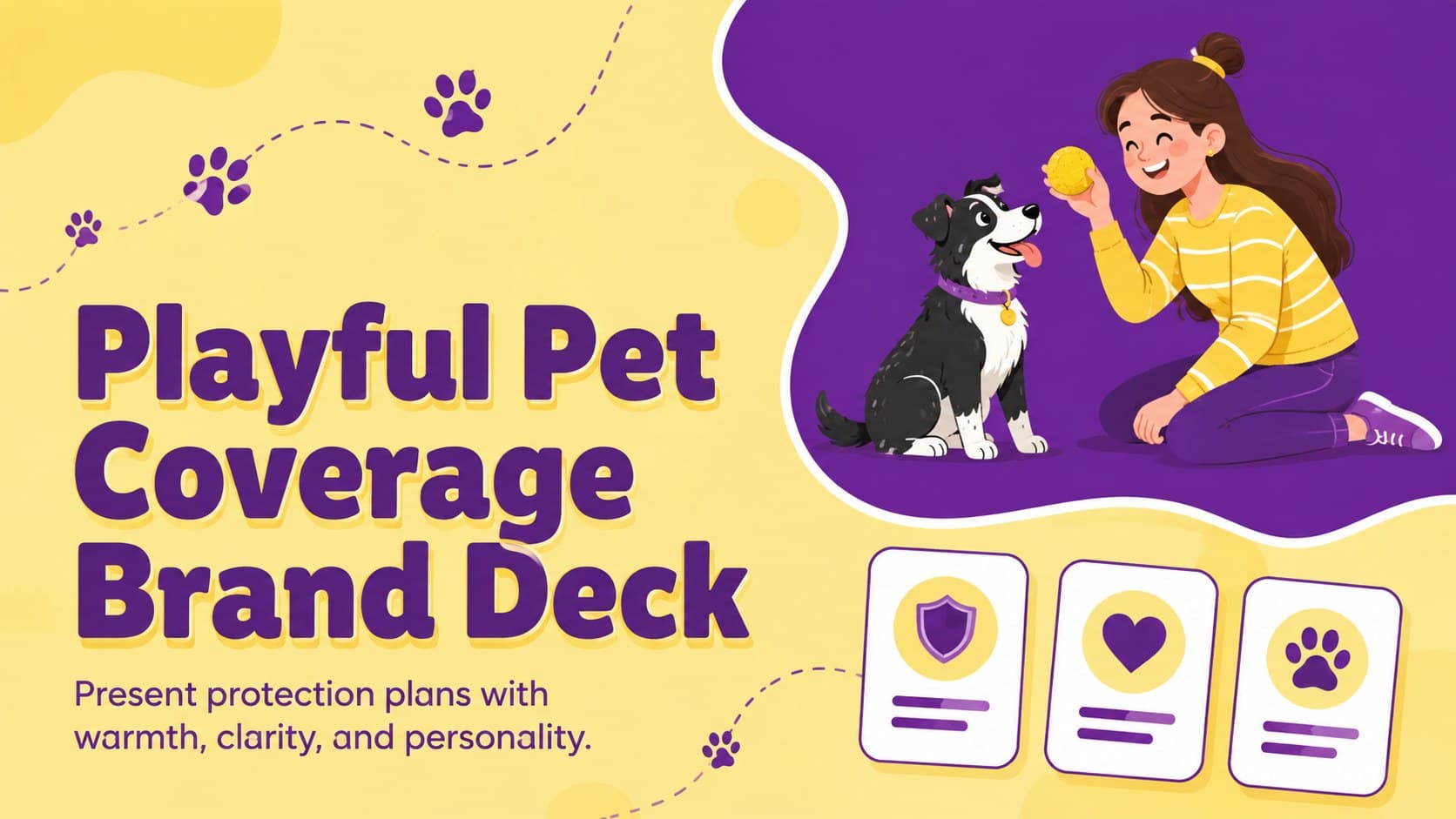 Cover of the Playful Pet Coverage Brand Deck with cheerful cat and dog illustrations in yellow and purple.