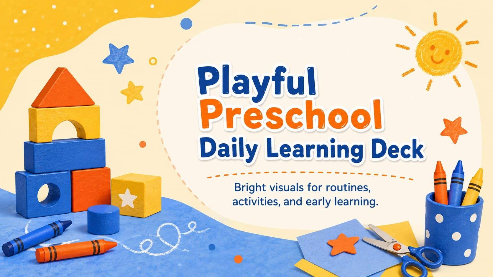 Cover of the Playful Preschool Daily Learning Deck with pastel yellow and blue classroom illustrations.