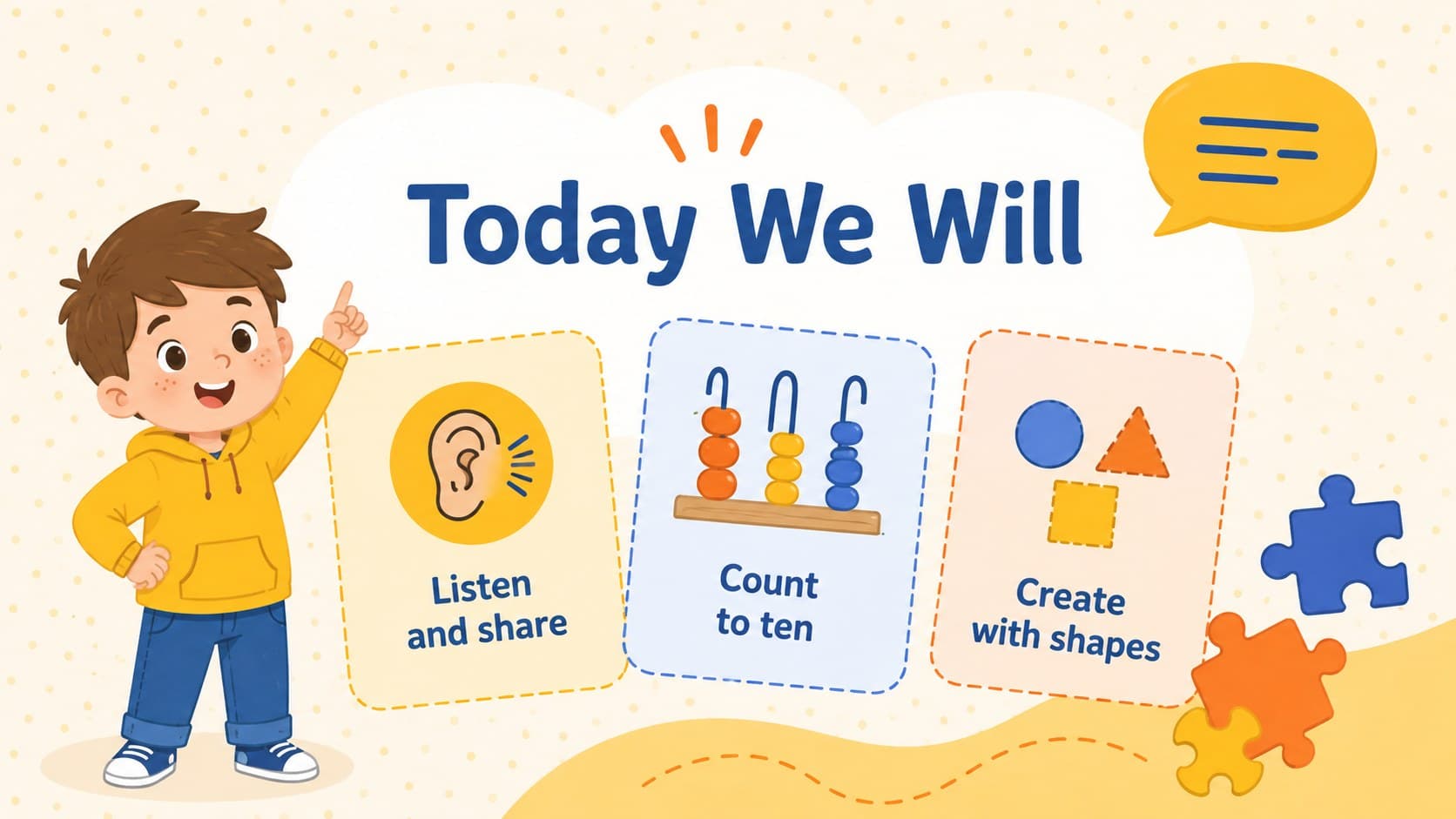 Illustrated early learning goals slide with three preschool skill areas.
