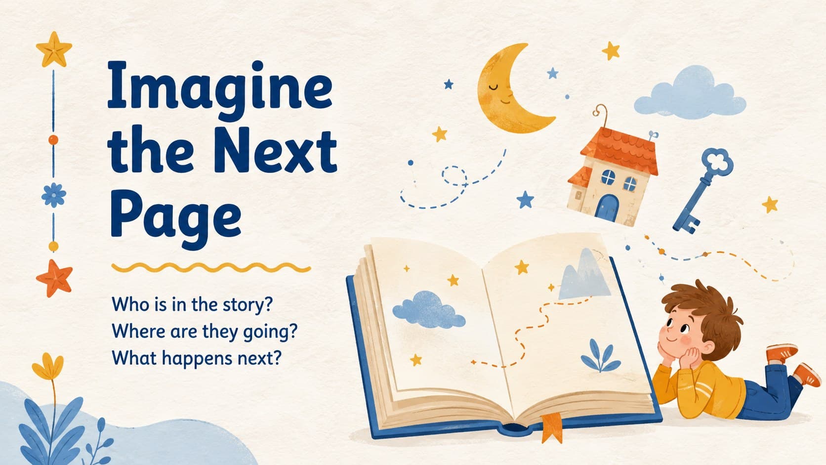 Colorful preschool story prompt slide featuring an original book and imagination scene.