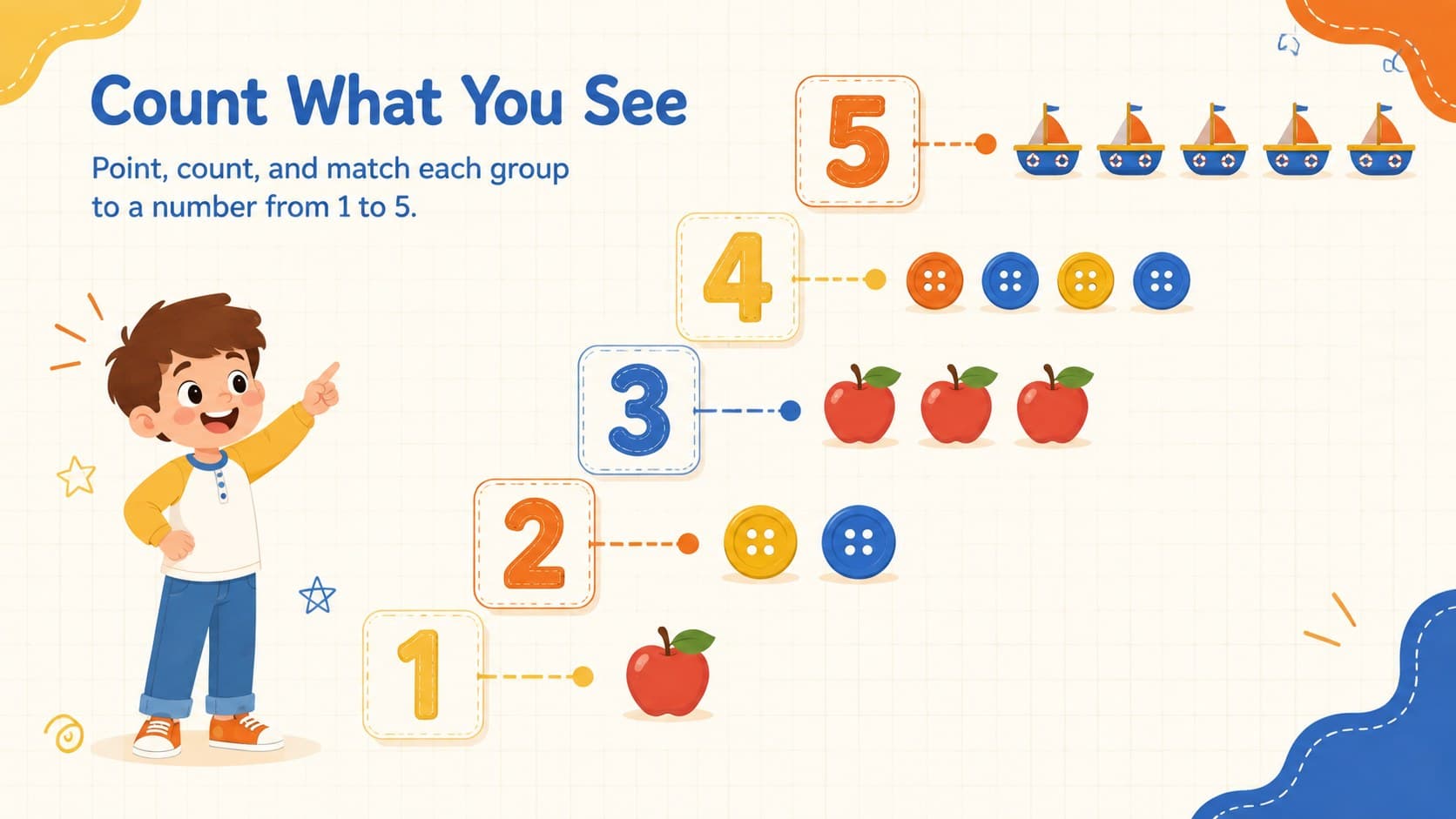 Yellow and blue preschool number practice slide with counting objects from one to five.