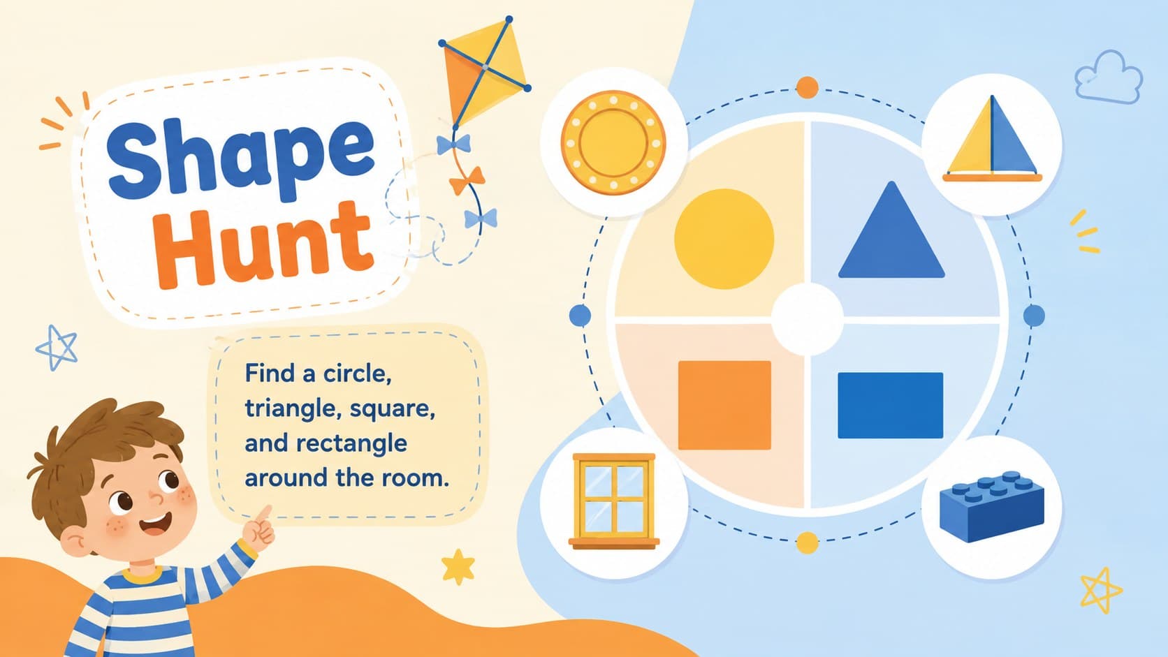 Pastel preschool shape activity slide with circles, triangles, squares, and classroom objects.
