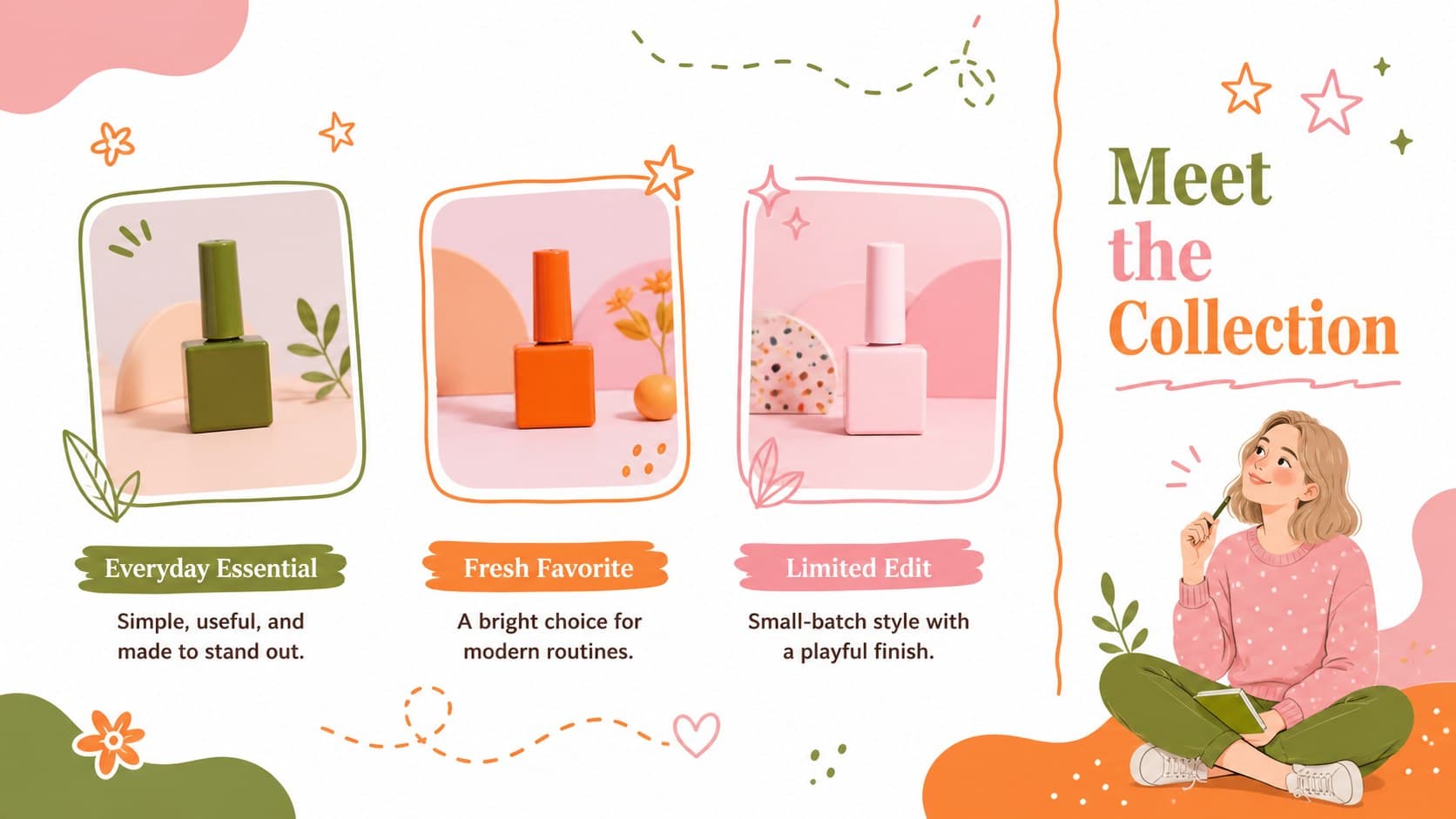 Creative brand catalog slide deck layout showing three pastel product groups with concise descriptions and doodle accents.
