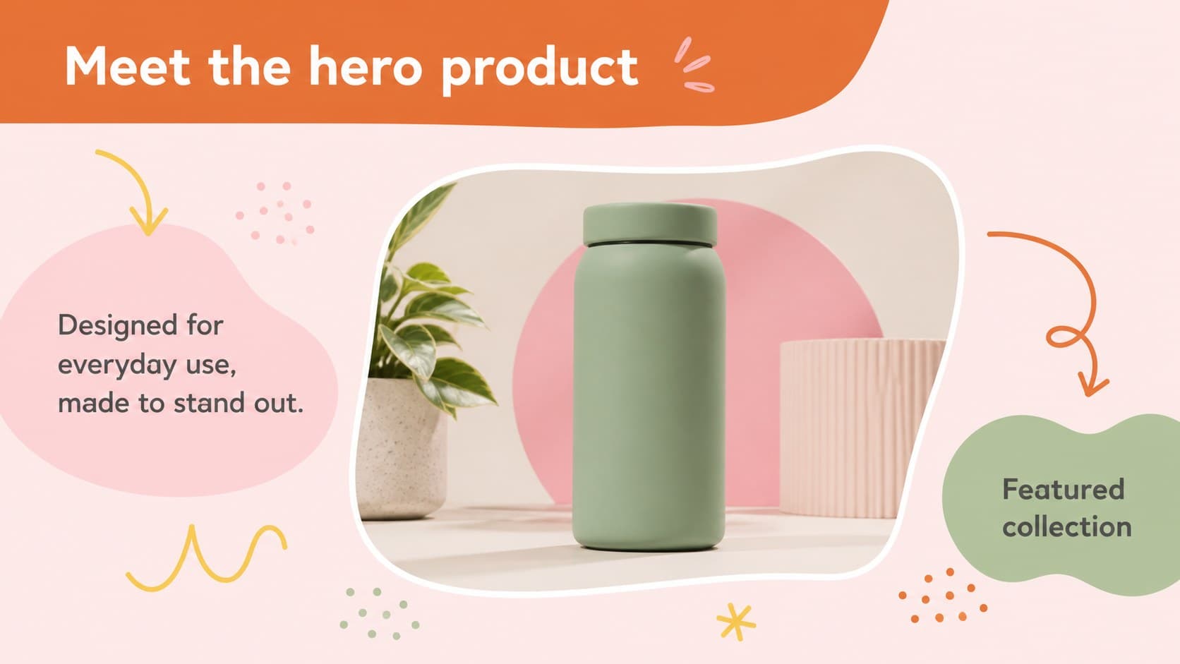 Colorful product introduction slide featuring a featured item and concise catalog copy.