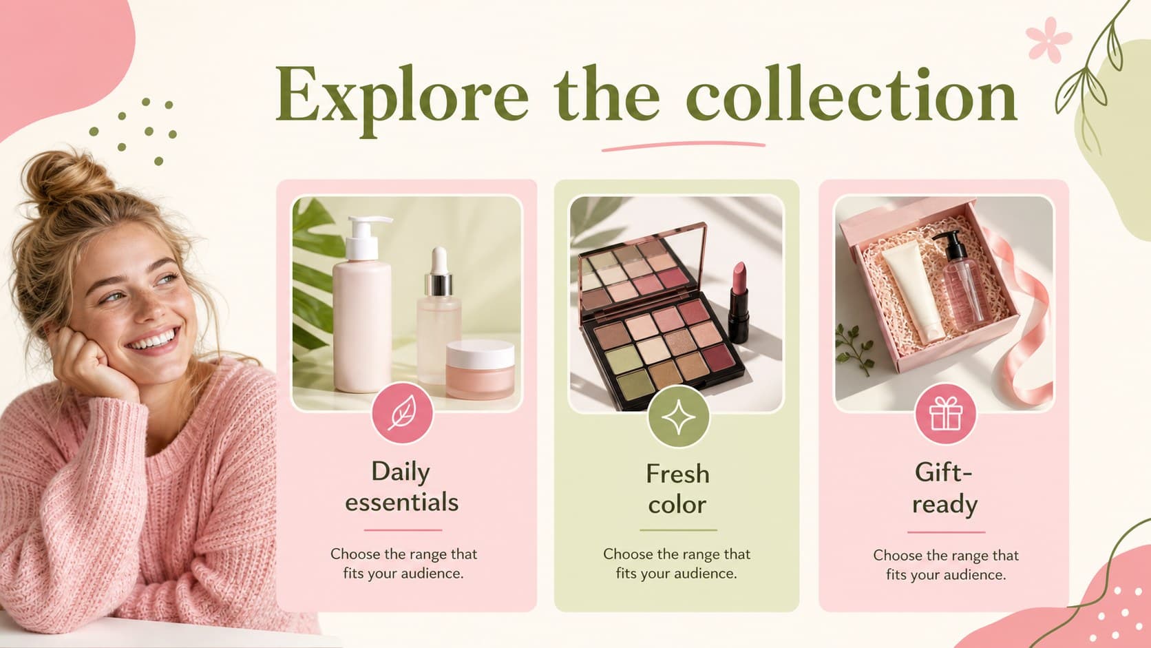 Doodle product showcase layout with three pastel product categories and short descriptions.