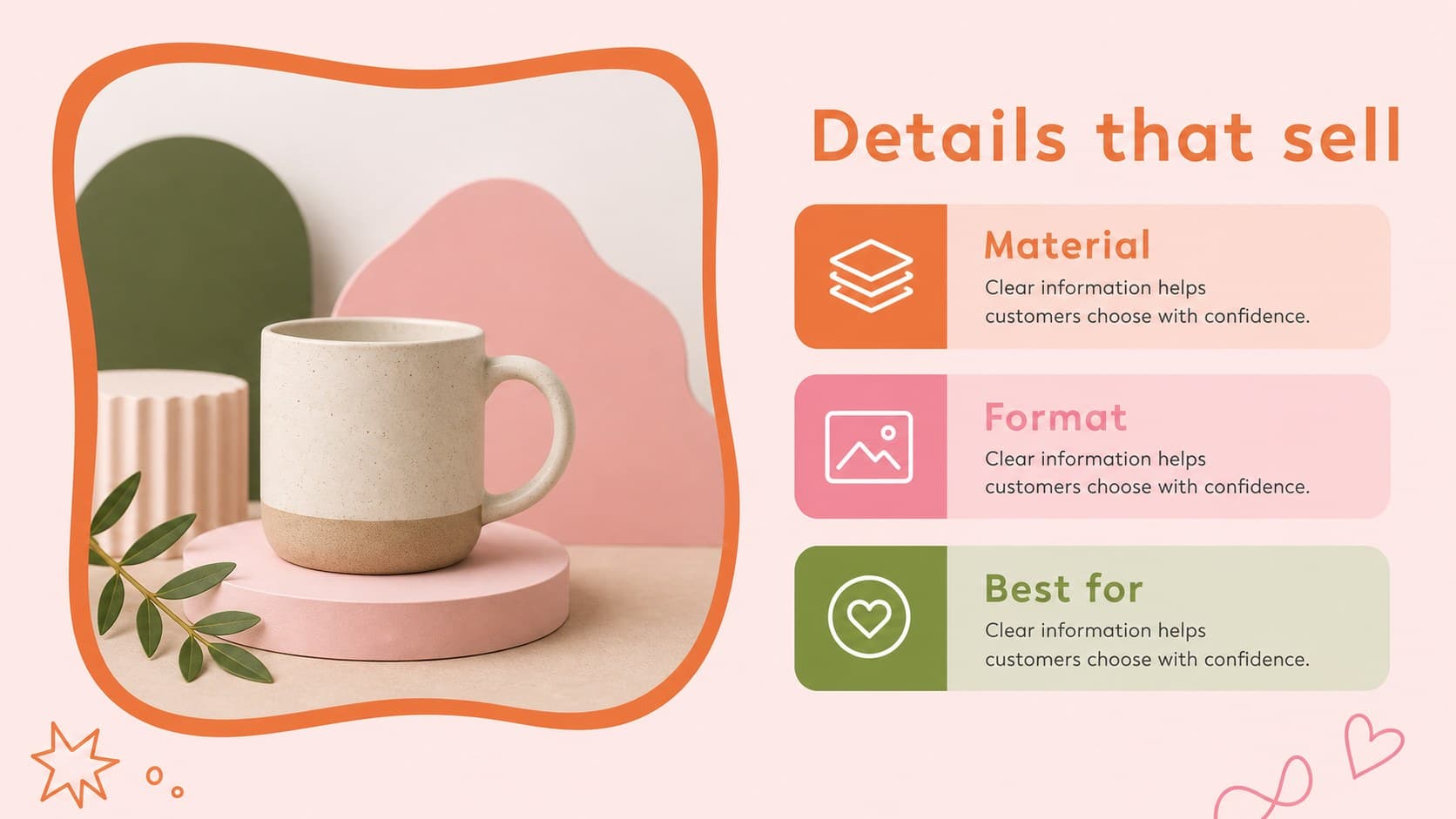 Colorful product detail slide with specification fields, image space, and playful doodle decoration.