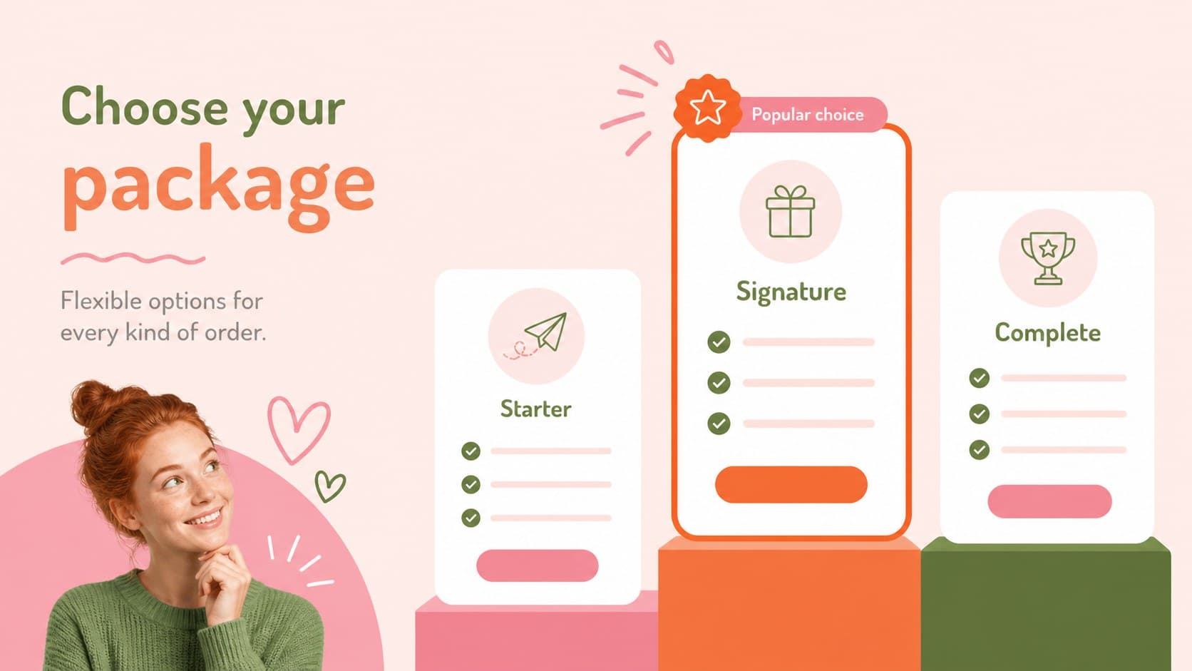 Colorful retail pricing slide comparing three product packages in a playful pastel layout.