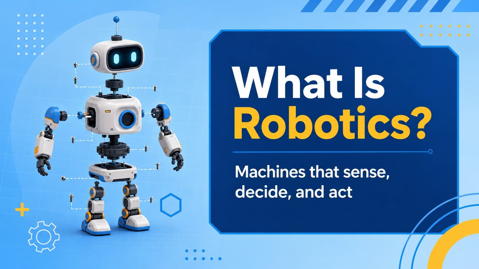Educational slide defining robotics with a bright diagram and editable technology lesson content.