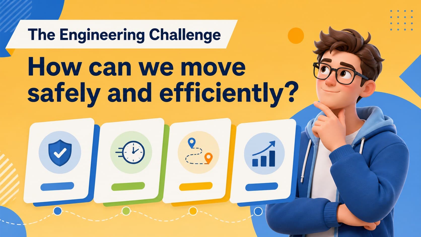 Engineering challenge slide with a colorful problem-solving framework for a robotics workshop presentation.