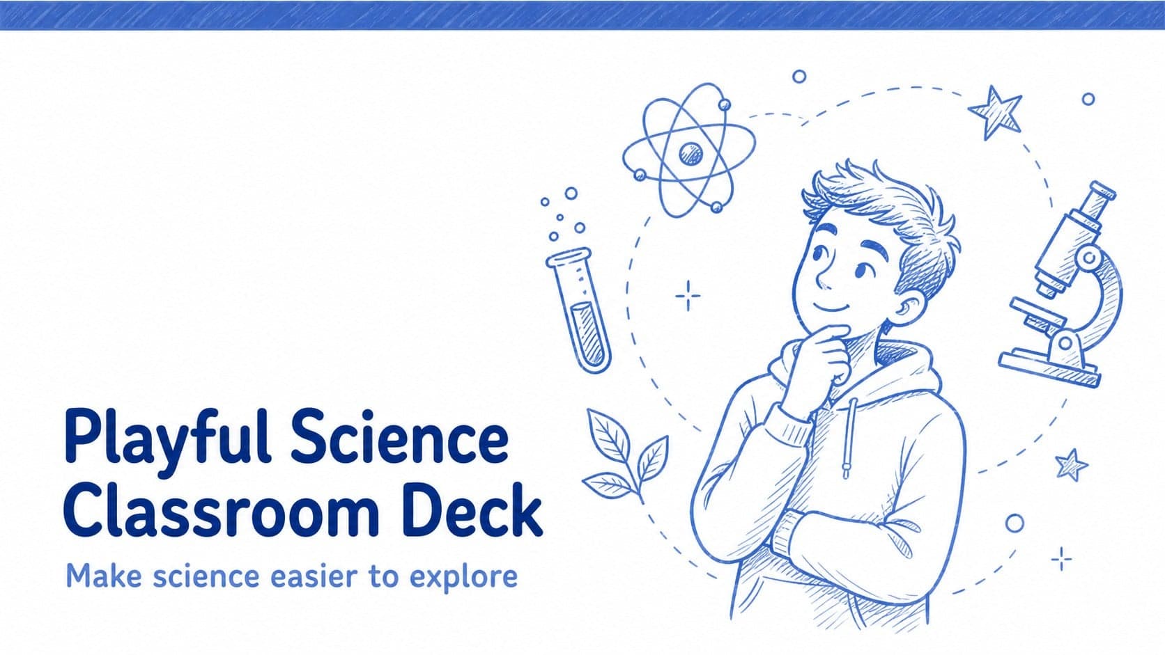 Cover slide for a playful science classroom deck with blue hand-drawn laboratory illustrations and a clear headline.