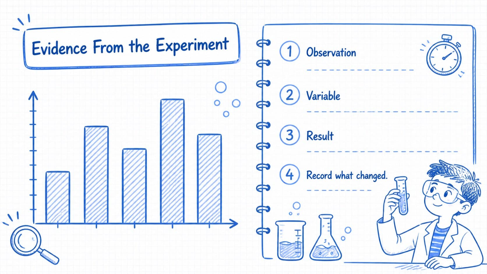 Interactive lab report presentation slide with blue data charts, experiment notes, and hand-drawn scientific symbols.