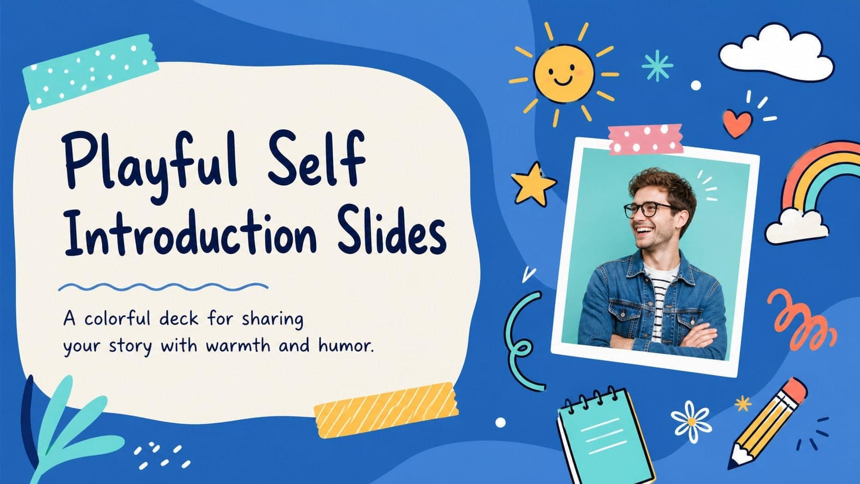 Cover of the Playful Self Introduction Slides template with blue accents, colorful doodles, and cheerful personal icons.