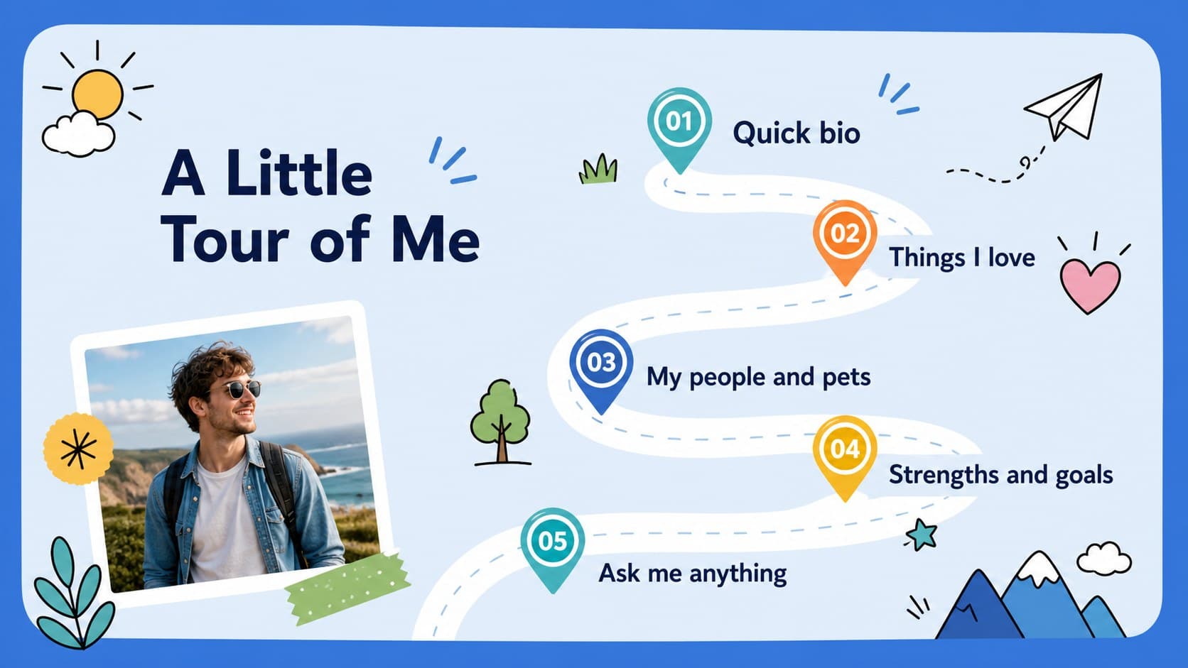Colorful agenda for playful self introduction slides featuring five illustrated personal-story topics.