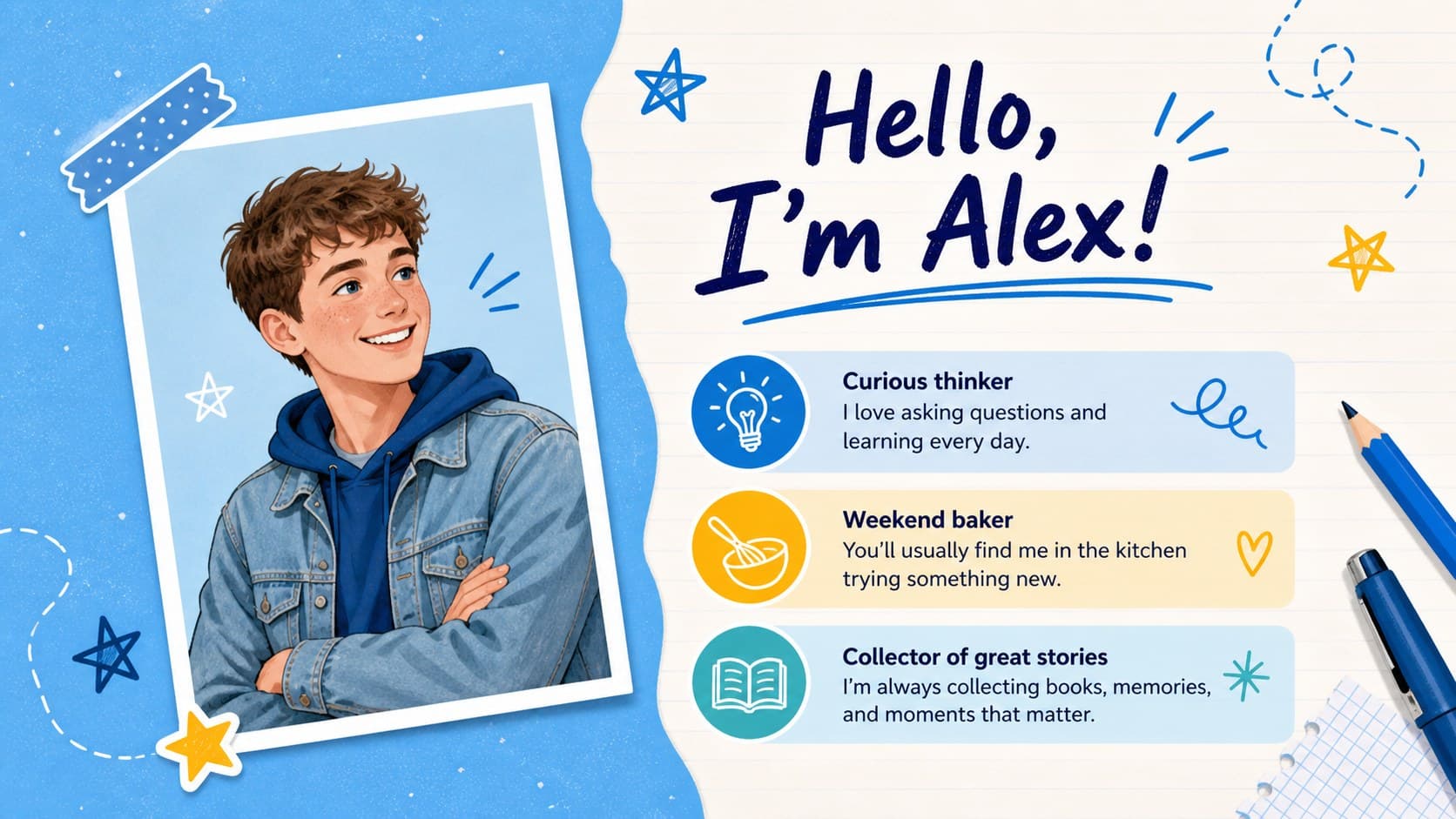 Personal biography layout from a creative about me presentation with a portrait frame and short introductory facts.