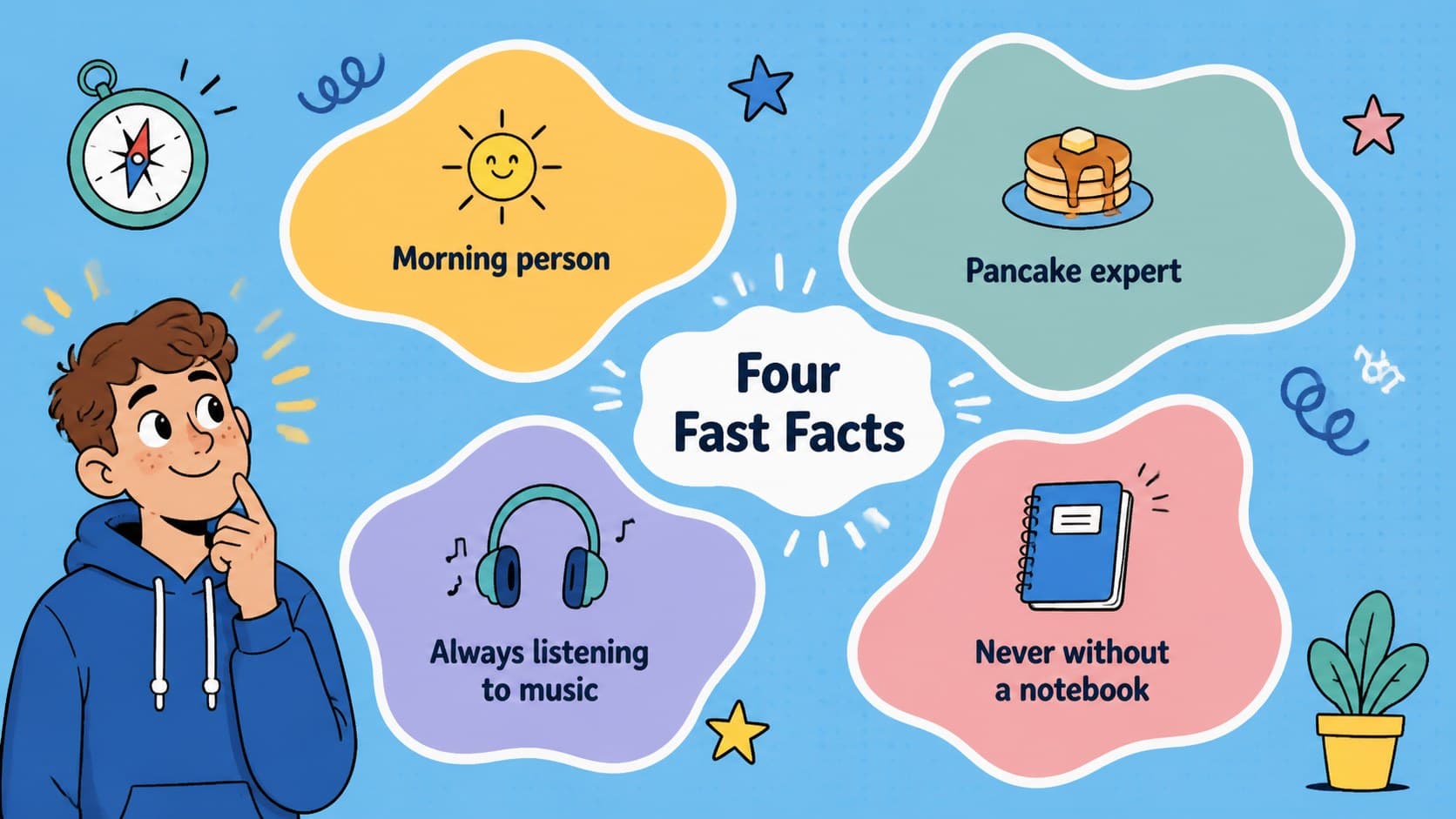 Fun personal profile slide presenting four quick facts with colorful doodle icons and blue details.