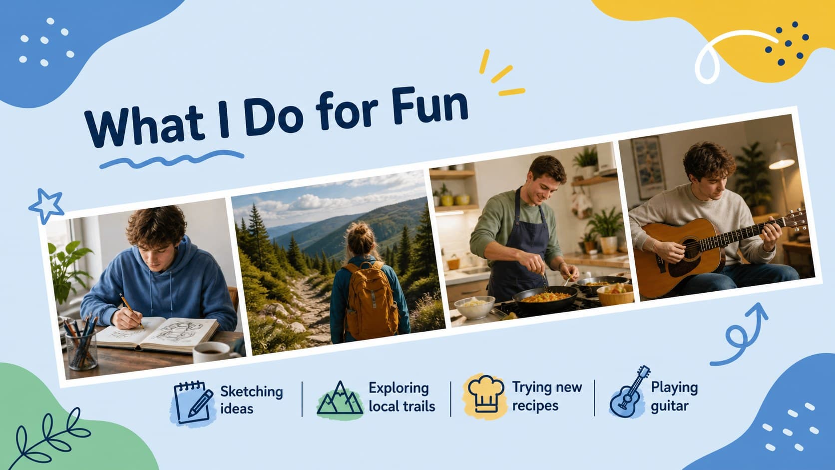 Student self introduction PowerPoint layout showing favorite hobbies through photos, labels, and playful illustrations.