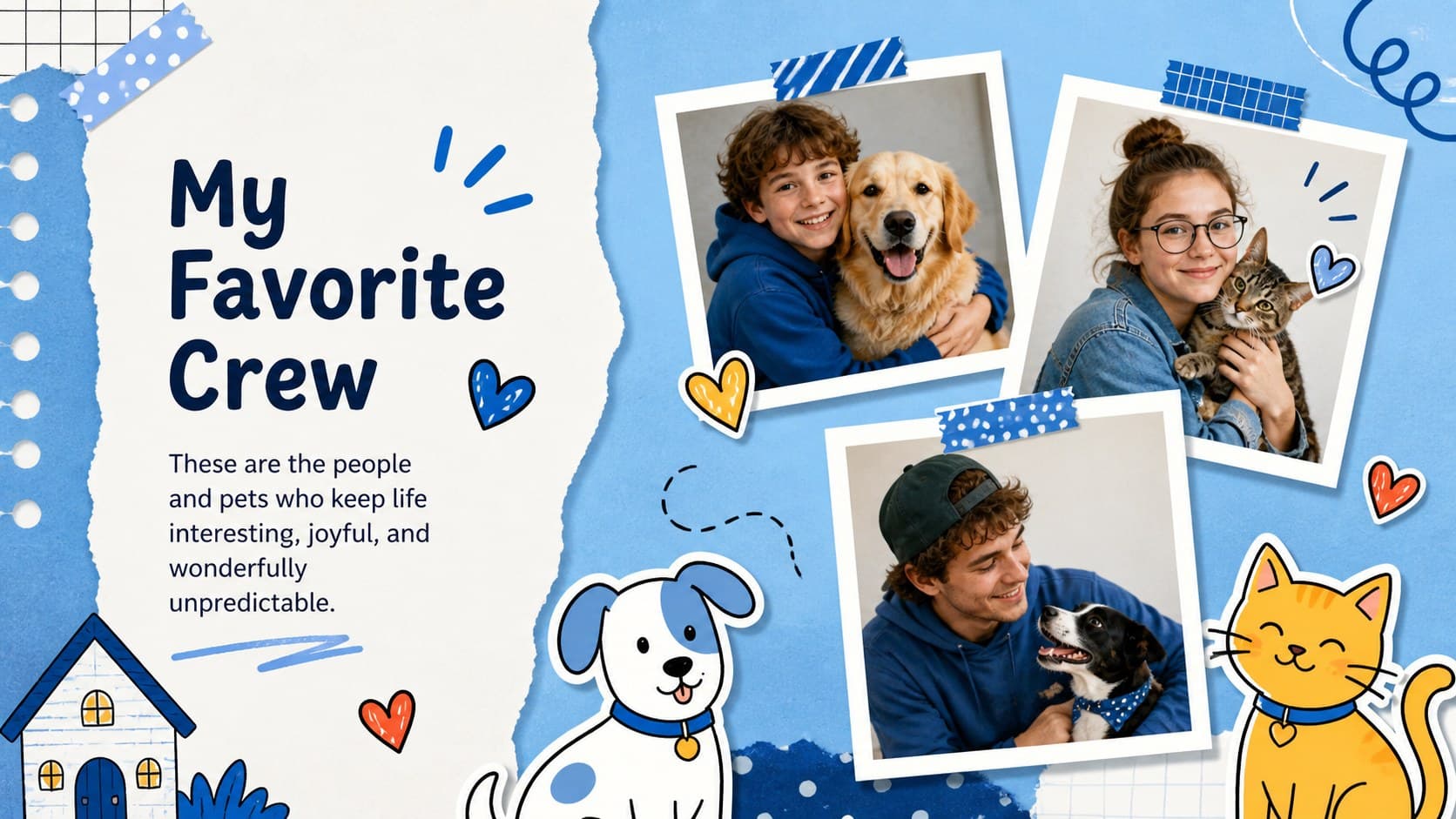Illustrated family and pets page in playful self introduction slides with customizable photo spaces.