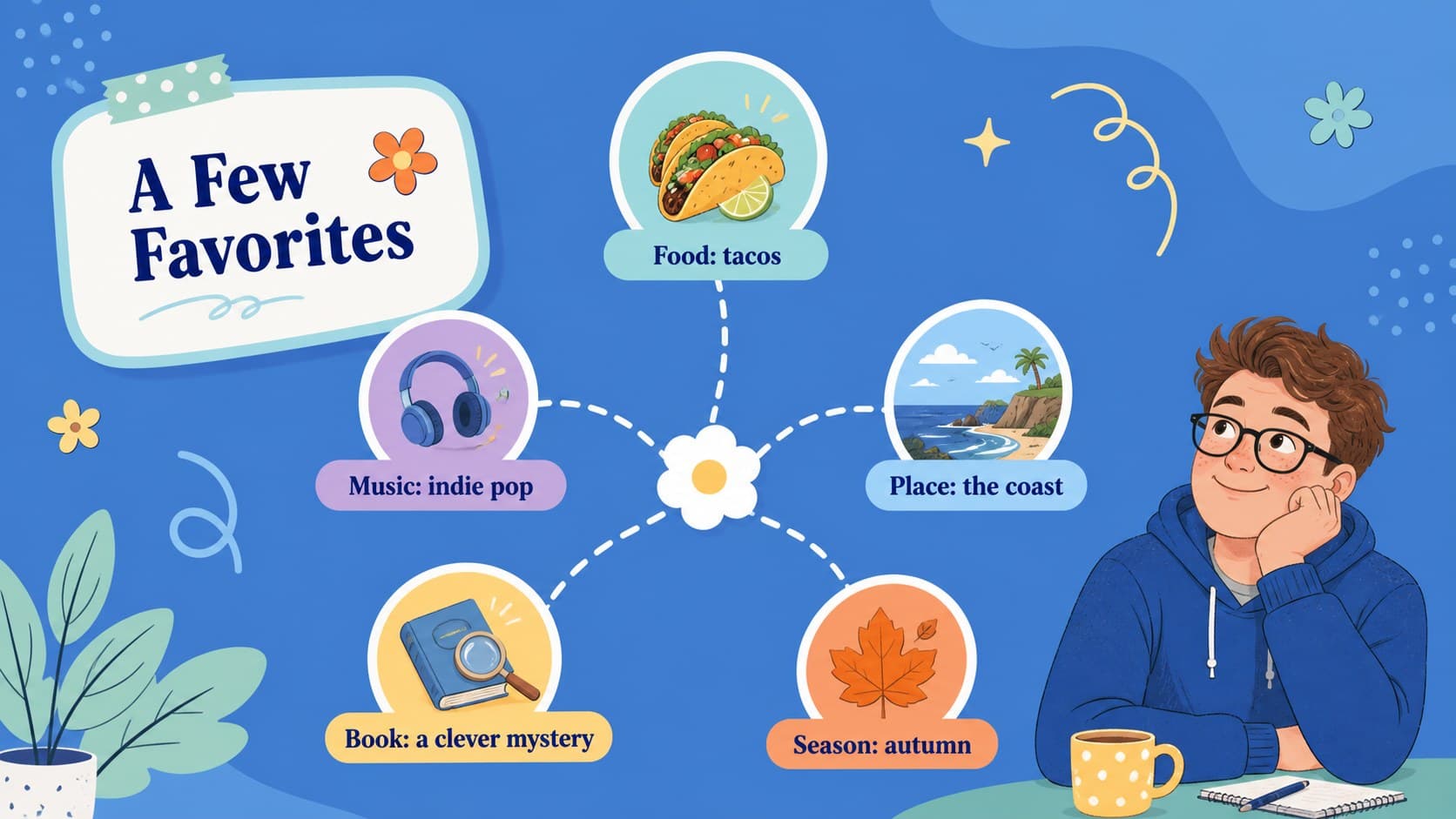 Colorful personal favorites slide with illustrated categories for food, music, place, book, and season.