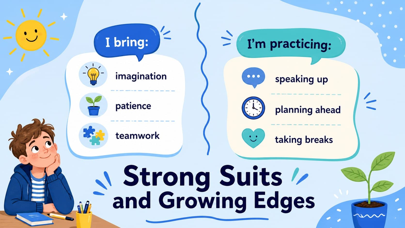 Lighthearted strengths and growth areas comparison page in a doodle style biography presentation.