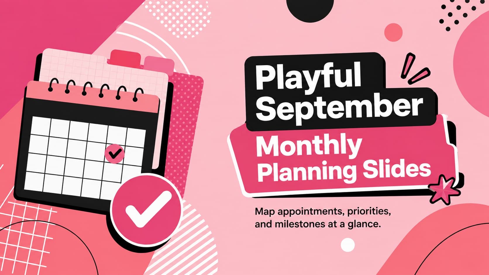 Cover of playful September monthly planning slides with bold pink typography and colorful geometric calendar graphics.