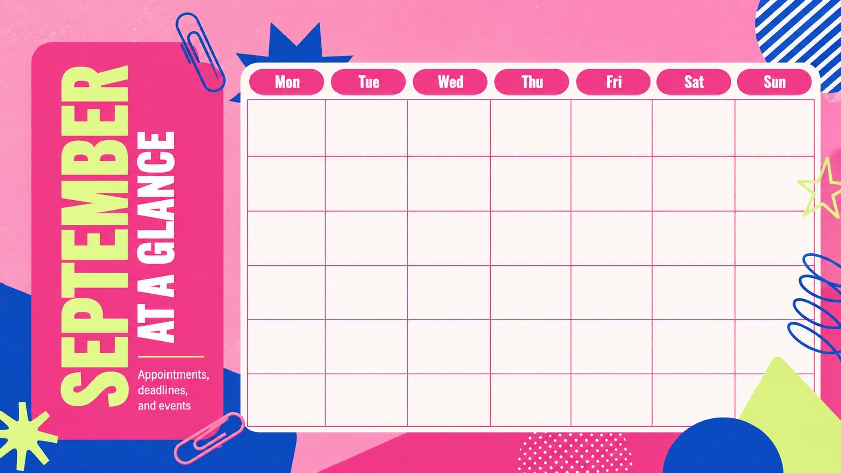 Undated September calendar presentation with a pink geometric grid for appointments, deadlines, and events.