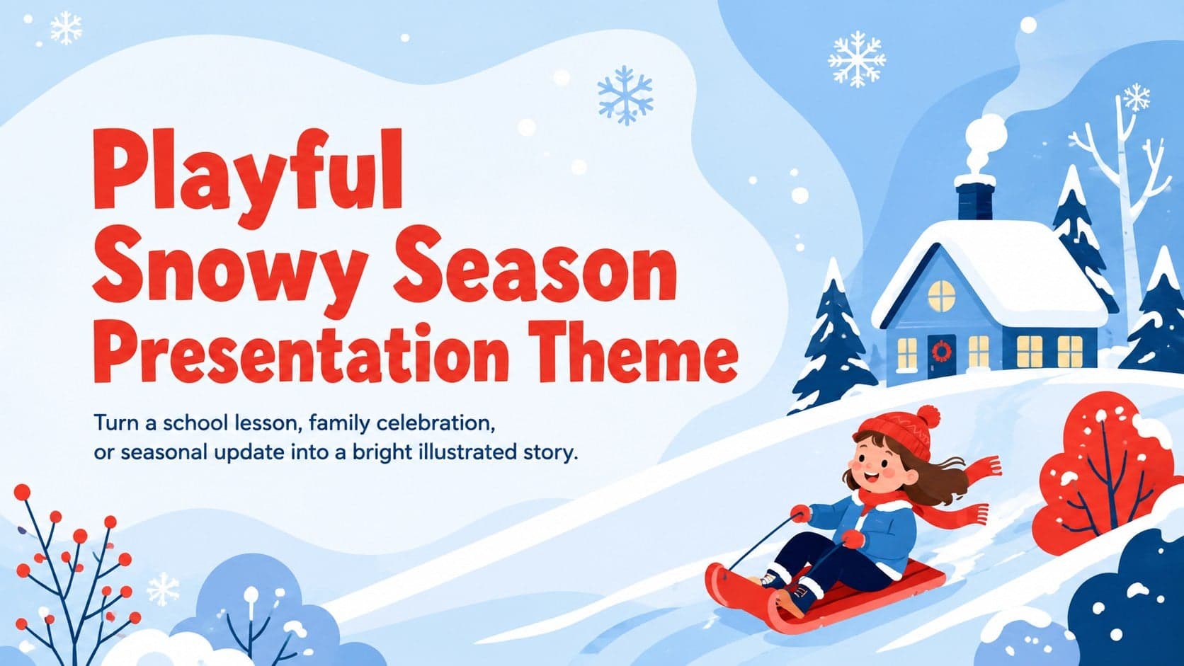 Cover of a playful snowy season presentation theme with colorful winter illustrations and a clear title.