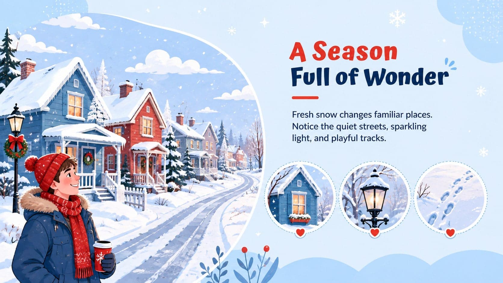 Illustrated winter lesson slide introducing the sights and sounds of a snowy season.