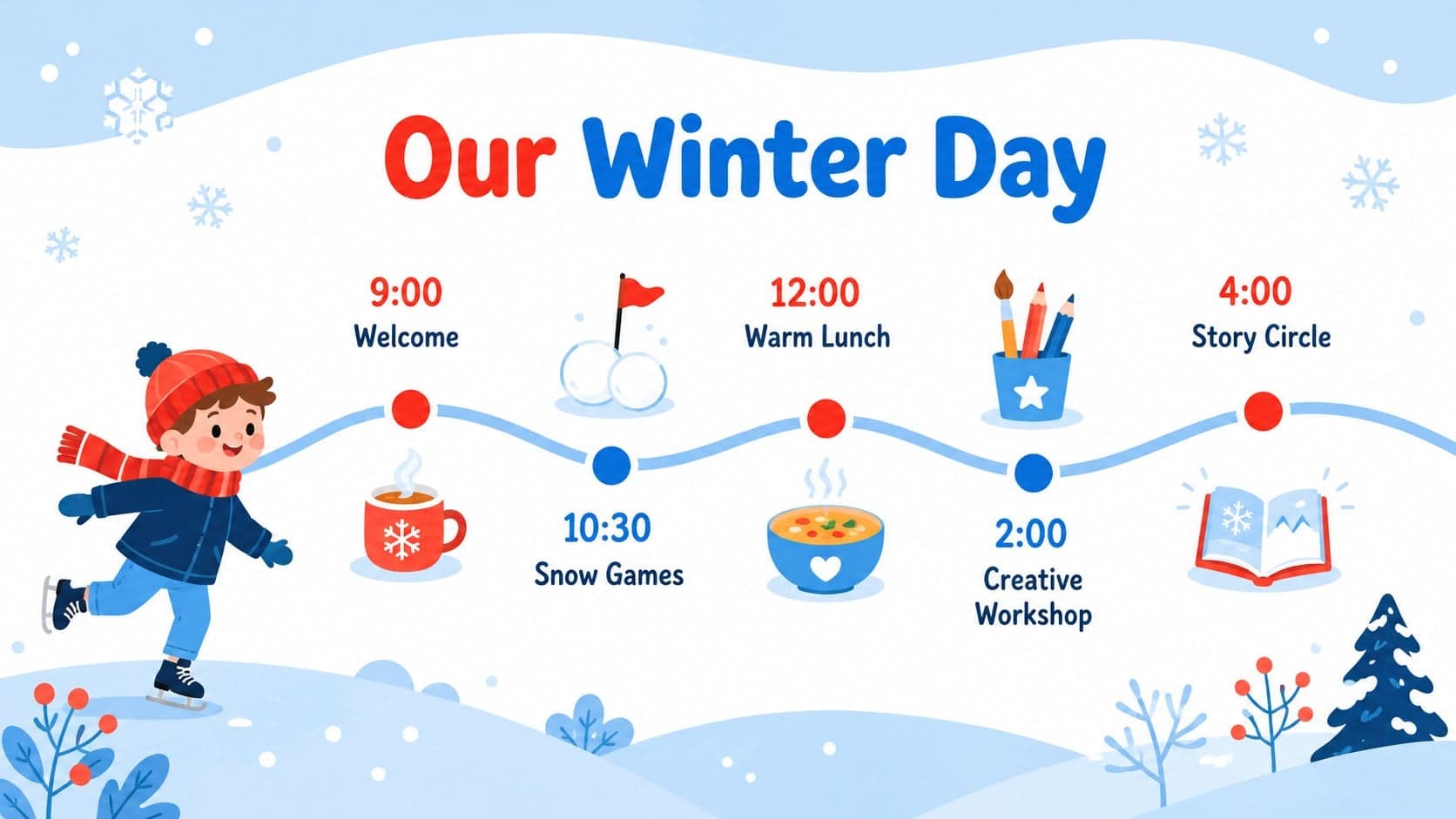 Colorful winter event schedule slide showing a simple morning-to-evening timeline.
