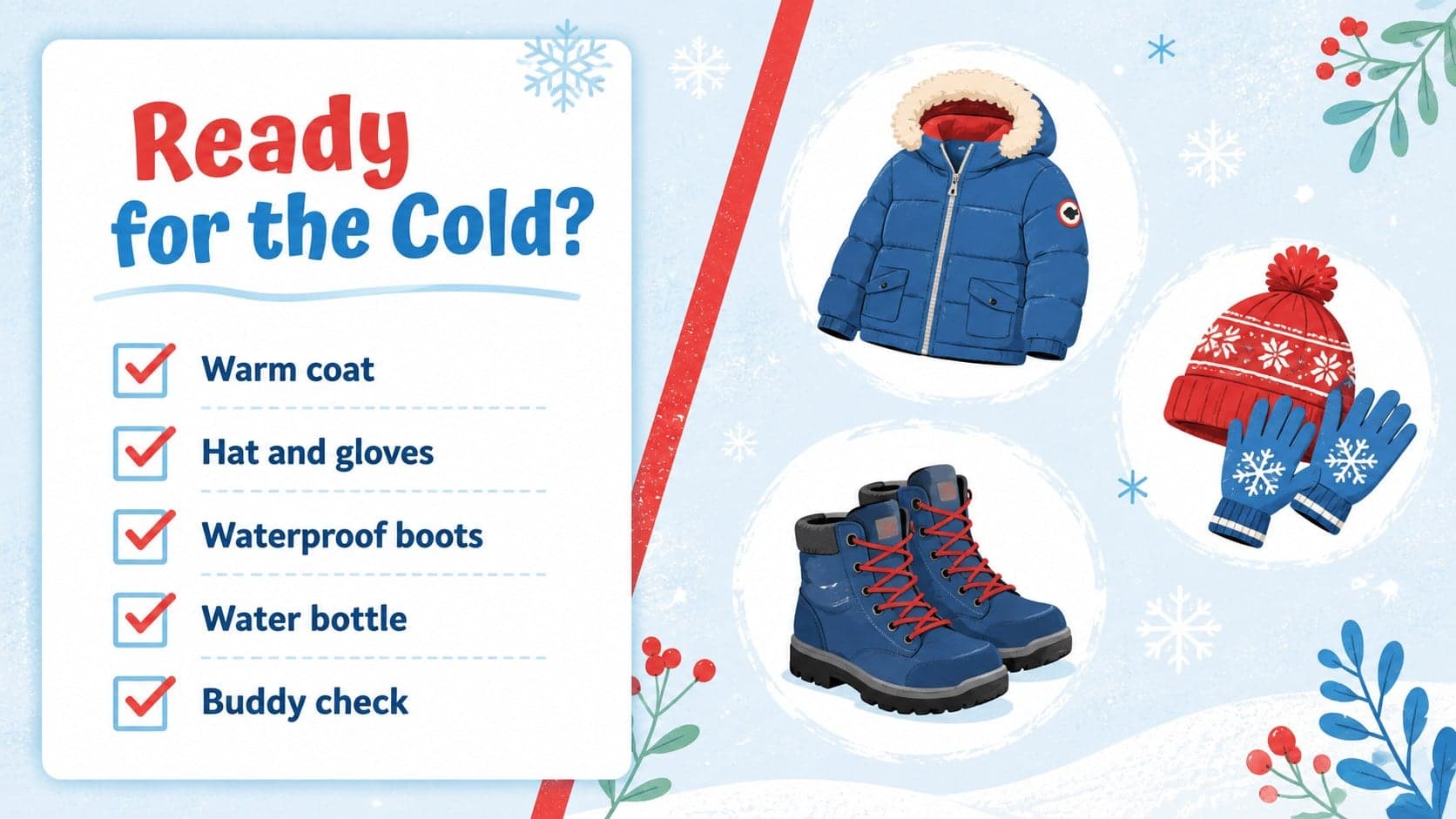 Kid-friendly winter checklist slide featuring clothing, supplies, snacks, and safety reminders.