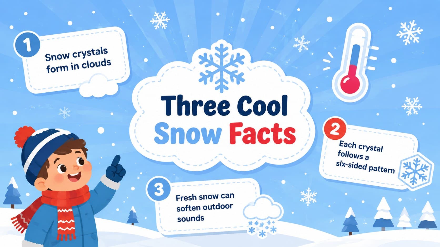 Educational snowy season facts slide with three illustrated weather information callouts.