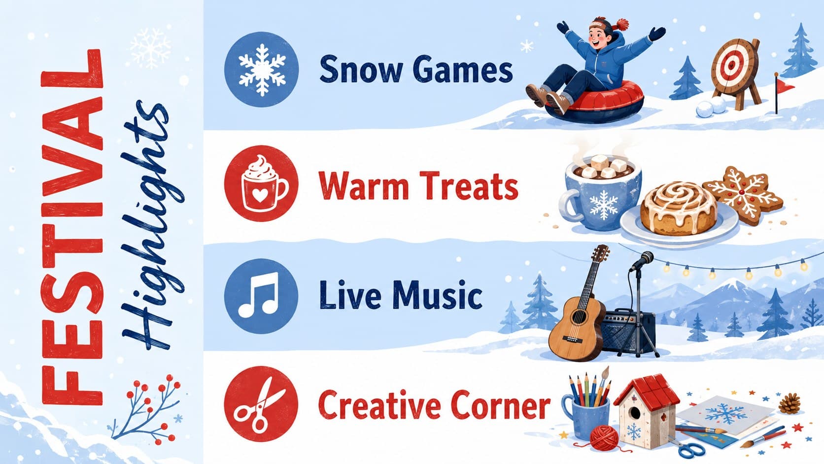Family winter festival slideshow layout presenting games, treats, music, and crafts.
