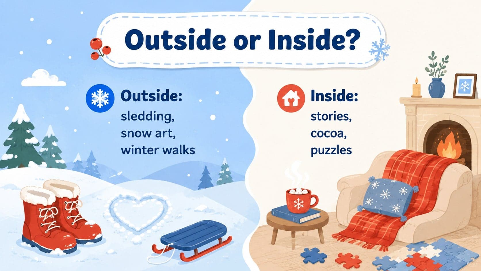 Pastel winter presentation slide comparing outdoor adventures with cozy indoor activities.