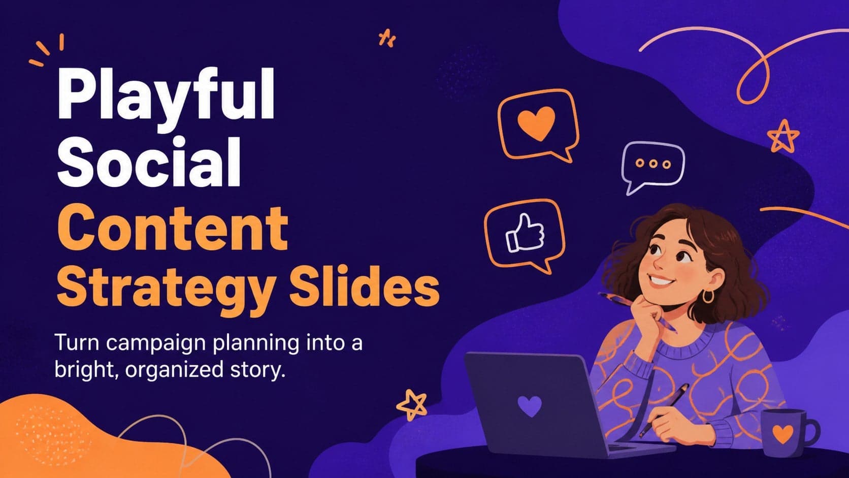 Cover for Playful Social Content Strategy Slides with purple and orange doodles framing the campaign title.